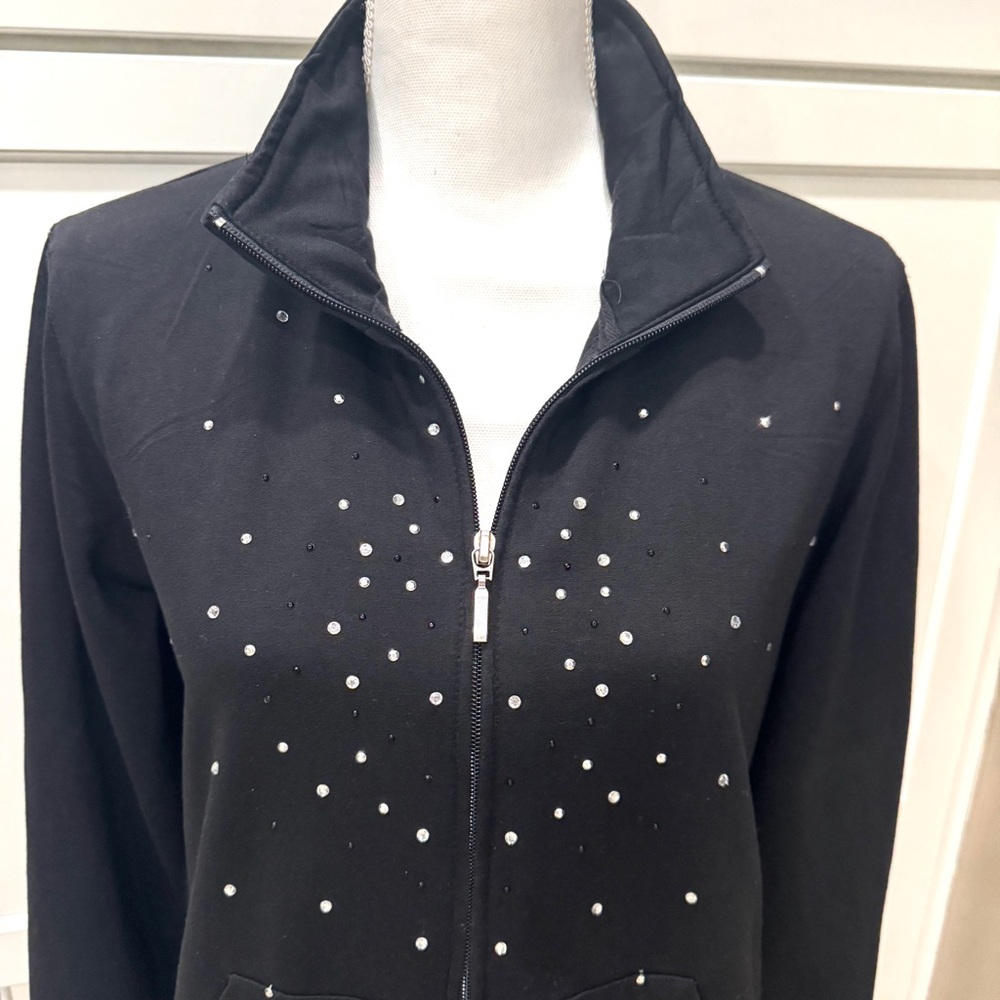 Black Zippered Sweatshirt w Crystal Studs High Collar Onque Casual Glitz Glam